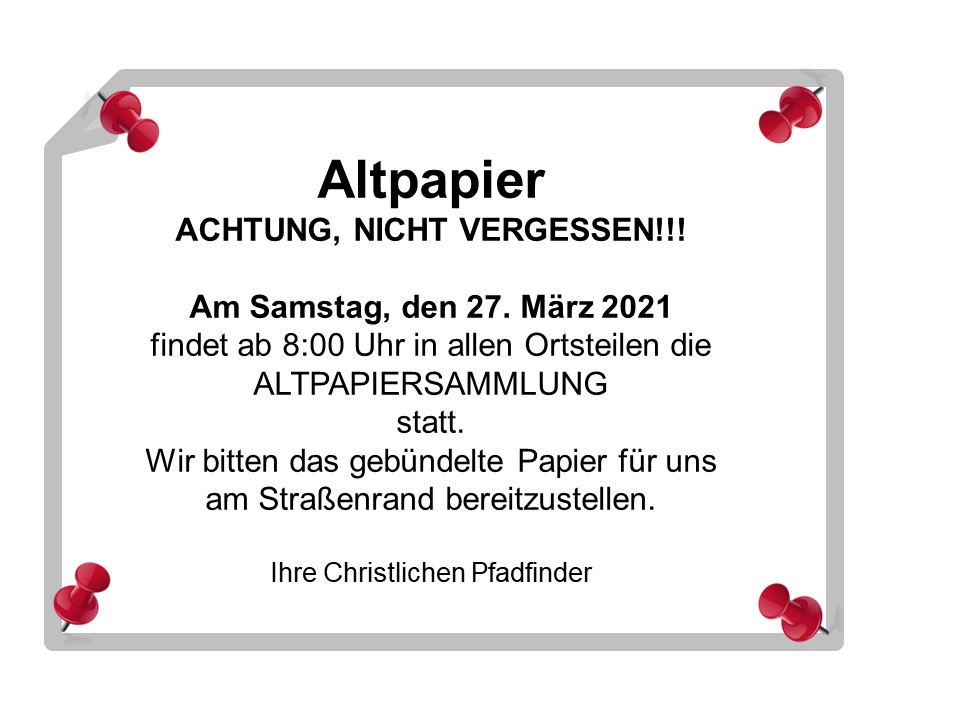 Altpapiersammlung am 27.03.2021